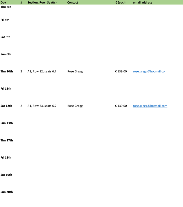 Day # Section, Row, Seat(s) Contact € (each) email address Thu 3rd Fri 4th Sat 5th Sun 6th Thu 10th 2 A1, Row 12, seats 6,7 Rose Gregg € 139,00 rose.gregg@hotmail.com Fri 11th Sat 12th 2 A1, Row 23, seats 6,7 Rose Gregg € 139,00 rose.gregg@hotmail.com Sun 13th Thu 17th Fri 18th Sat 19th Sun 20th